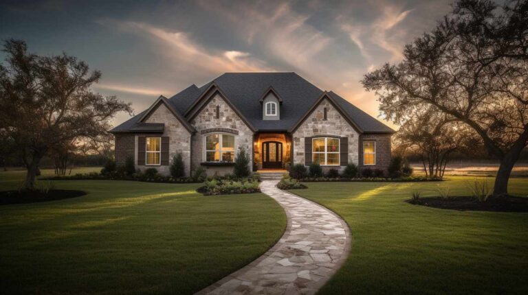 A large single-story stone house with a lit entrance and curved pathway at twilight.