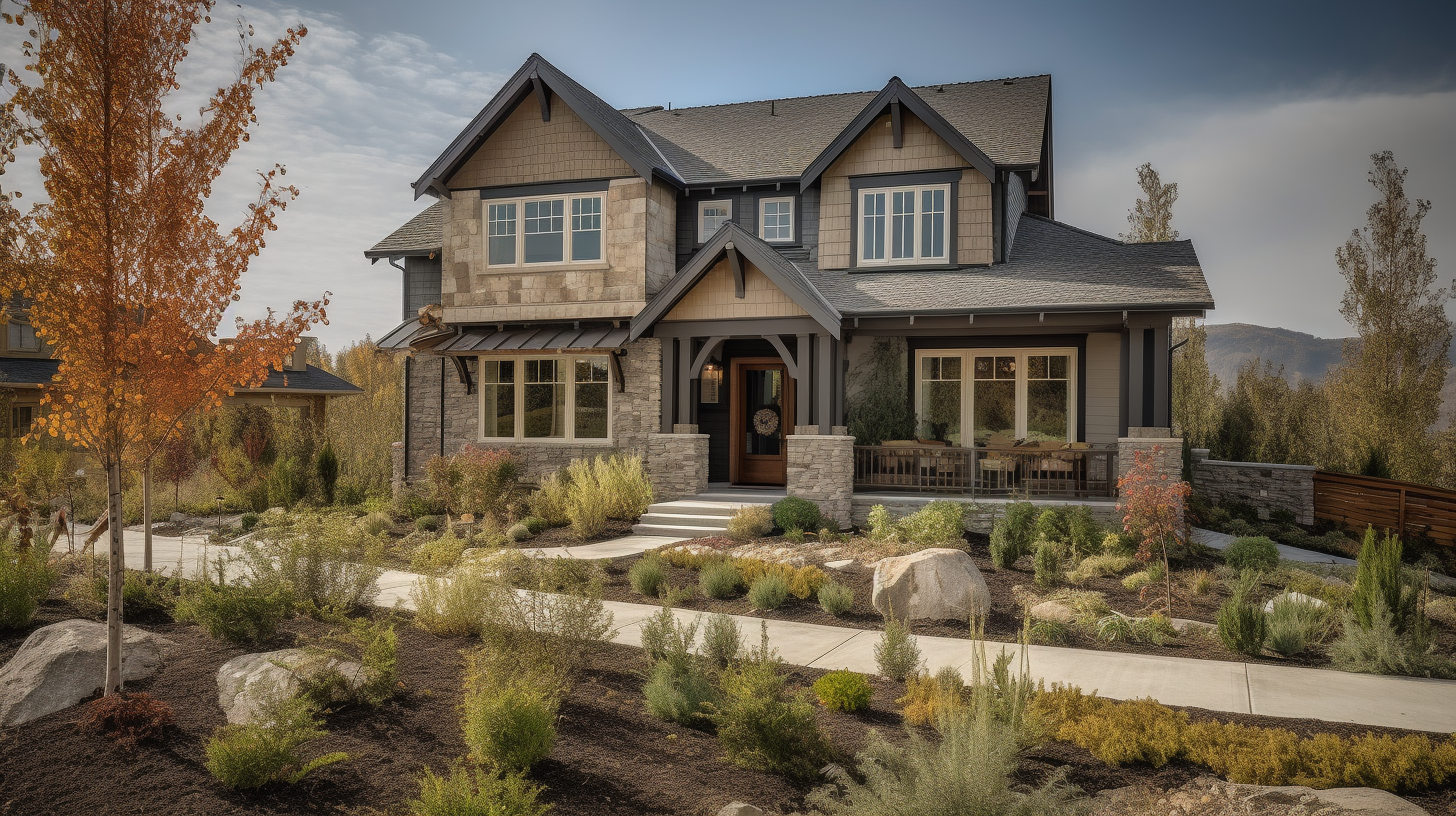 A two-story suburban house with a landscaped front yard and a clear sky in the background.