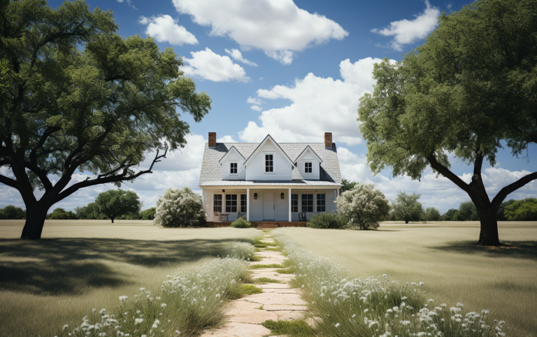 Traditional white home with a gabled roof surrounded by trees and a stone path under a clear blue sky.