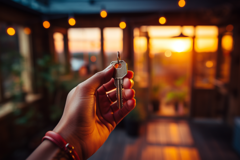 A person holding a key in front of a house at sunset, contemplating potential home buying mistakes.