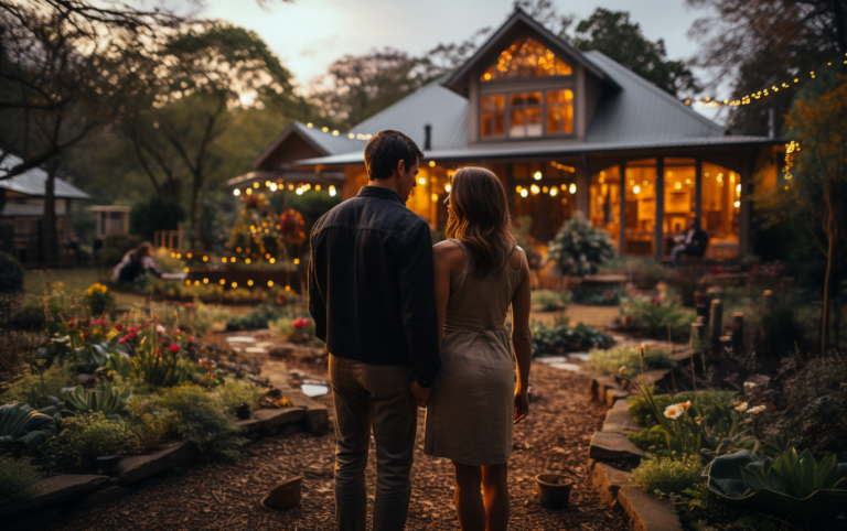A couple standing together in a garden at twilight, looking towards a warmly lit home with string lights.