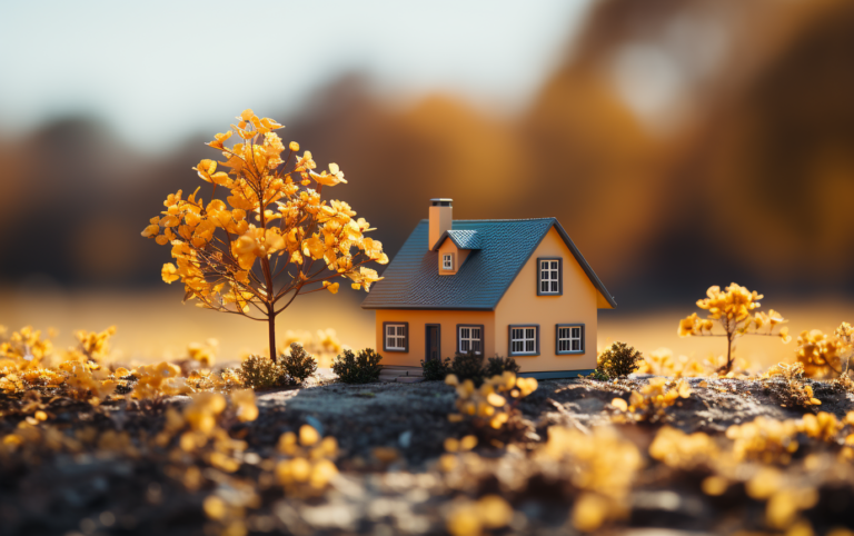 Miniature house surrounded by autumn foliage, symbolizing the start of the home buying process.