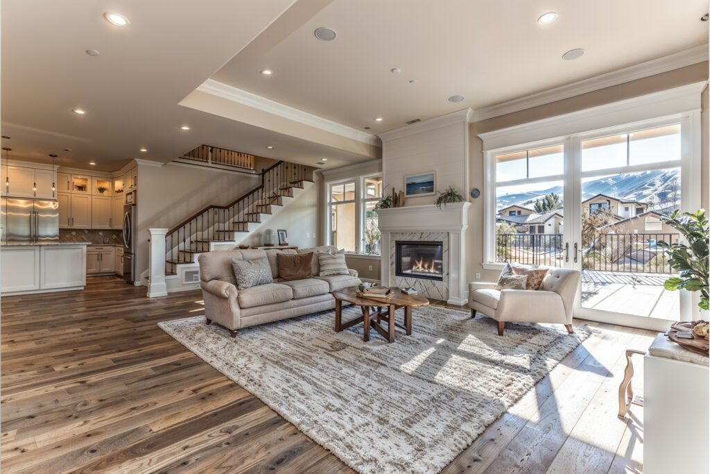 Spacious living room with modern furnishings featuring a sectional sofa, fireplace, hardwood floors, and abundant natural light, adjacent to an open concept kitchen.